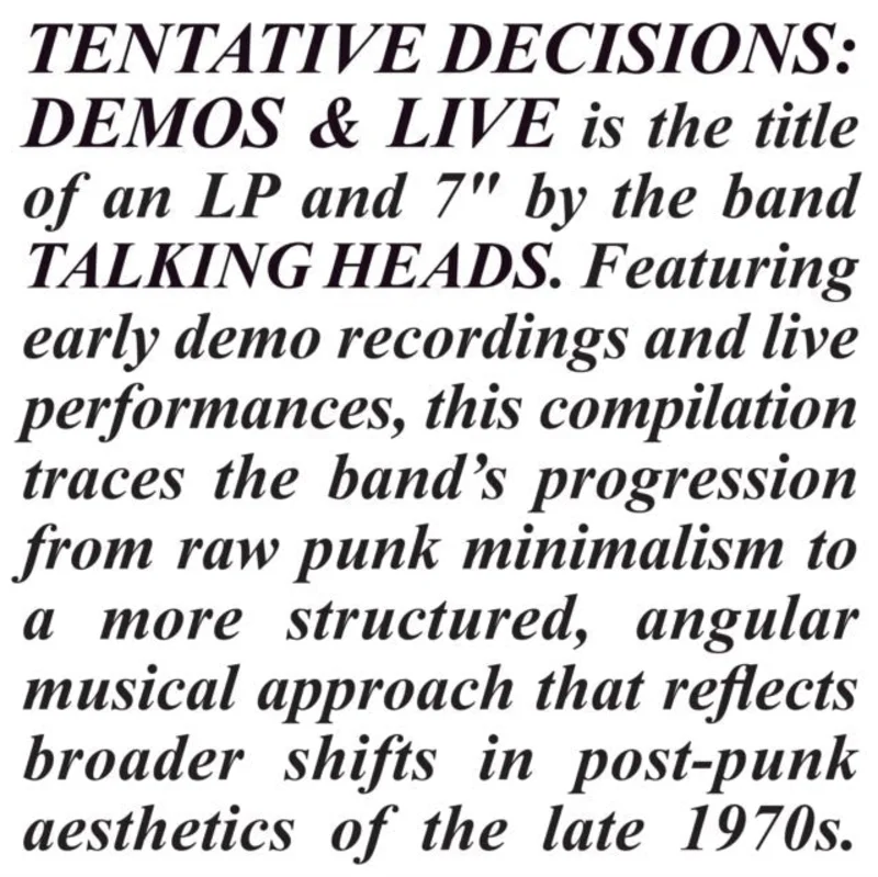 Talking Heads - Tentative Decisions: Demos & Live Vinyl LP