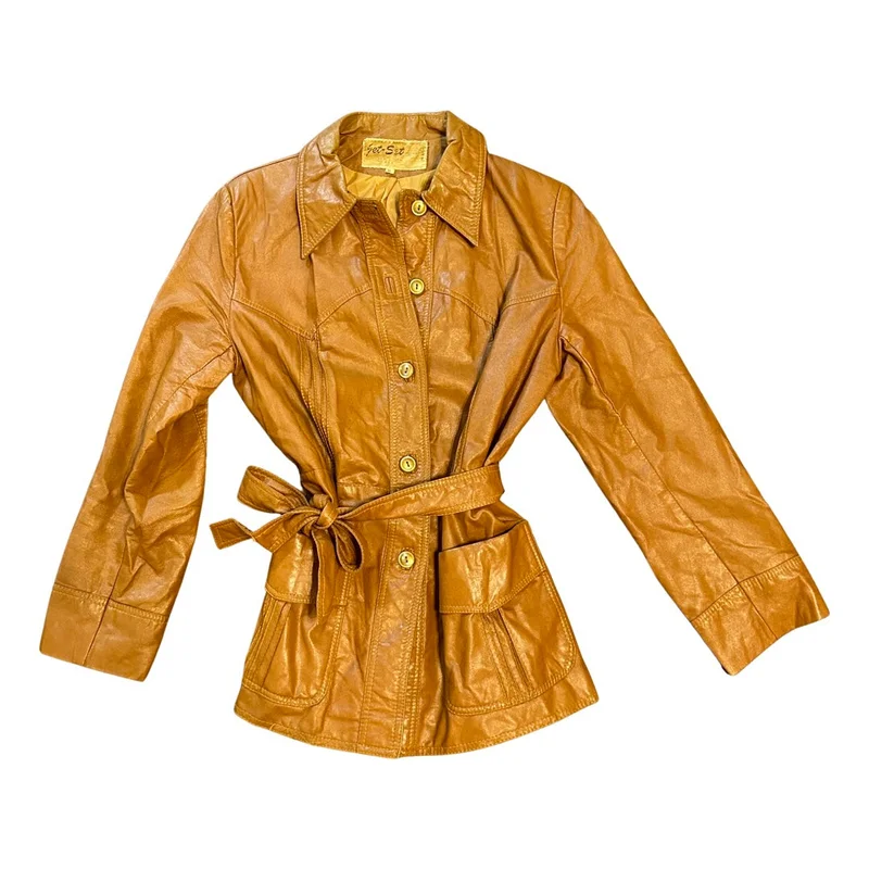 Vintage Caramel Leather Tie-Waist Jacket (M)